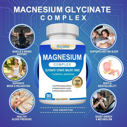 Magnesium Komplex 1000mg – 7 Magnesiumformen (Glycinat, Citrat, Malat, Taurat & Ororat) – 90 Kapseln – Unterstützt Entspannung, Muskelfunktion & Knochenstärke