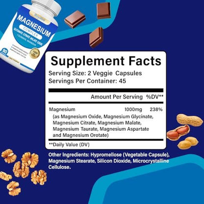 Magnesium Komplex 1000mg – 7 Magnesiumformen (Glycinat, Citrat, Malat, Taurat & Ororat) – 90 Kapseln – Unterstützt Entspannung, Muskelfunktion & Knochenstärke