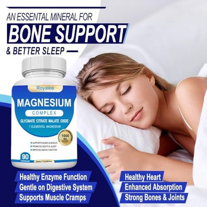 Magnesium Komplex 1000mg – 7 Magnesiumformen (Glycinat, Citrat, Malat, Taurat & Ororat) – 90 Kapseln – Unterstützt Entspannung, Muskelfunktion & Knochenstärke