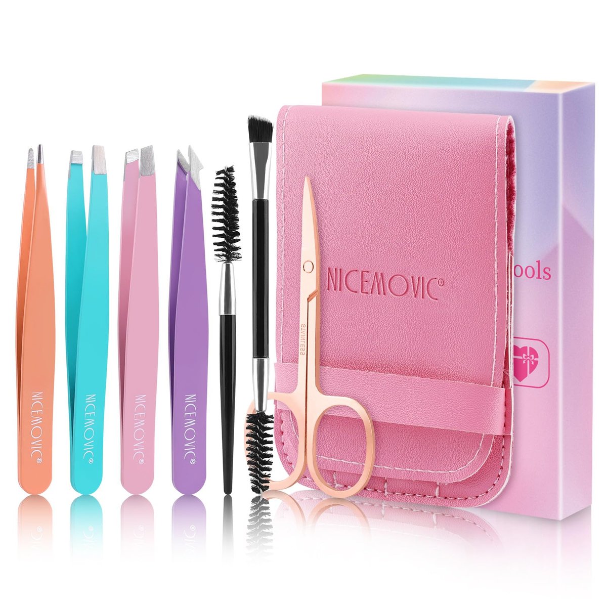 NICEMOVIC 7-teilige Pinzette für Augenbrauen und Gesichtshaare – Pinzettenset für Damen, ideales Muttertagsgeschenk, Weihnachtsgeschenk für Frauen und Teenager, Ostergeschenk, Geburtstagsgeschenk für Mama