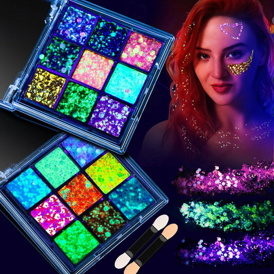 FANDAMEI Glow in The Dark Glitter Palette – 2 Gel-Paletten mit 18 Farben für Gesicht, Körper und Haare – Leuchtender Glitzer für Make-up, Partys, Halloween, Raves und Konzerte