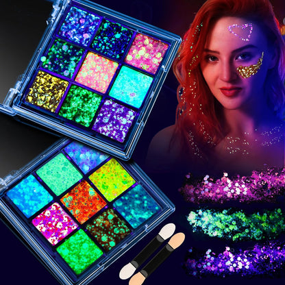 FANDAMEI Glow in The Dark Glitter Palette – 2 Gel-Paletten mit 18 Farben für Gesicht, Körper und Haare – Leuchtender Glitzer für Make-up, Partys, Halloween, Raves und Konzerte