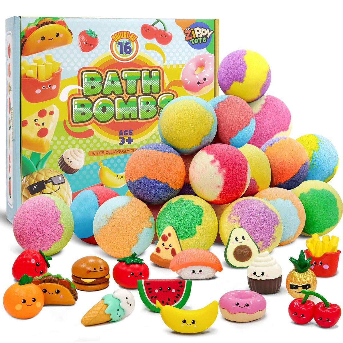Zippytots Kinder Badebomben mit Spielzeug Überraschung, 16 Stück Bunte Badebomben Set, Organische Badezusätze für Mädchen & Jungen ab 3 Jahren