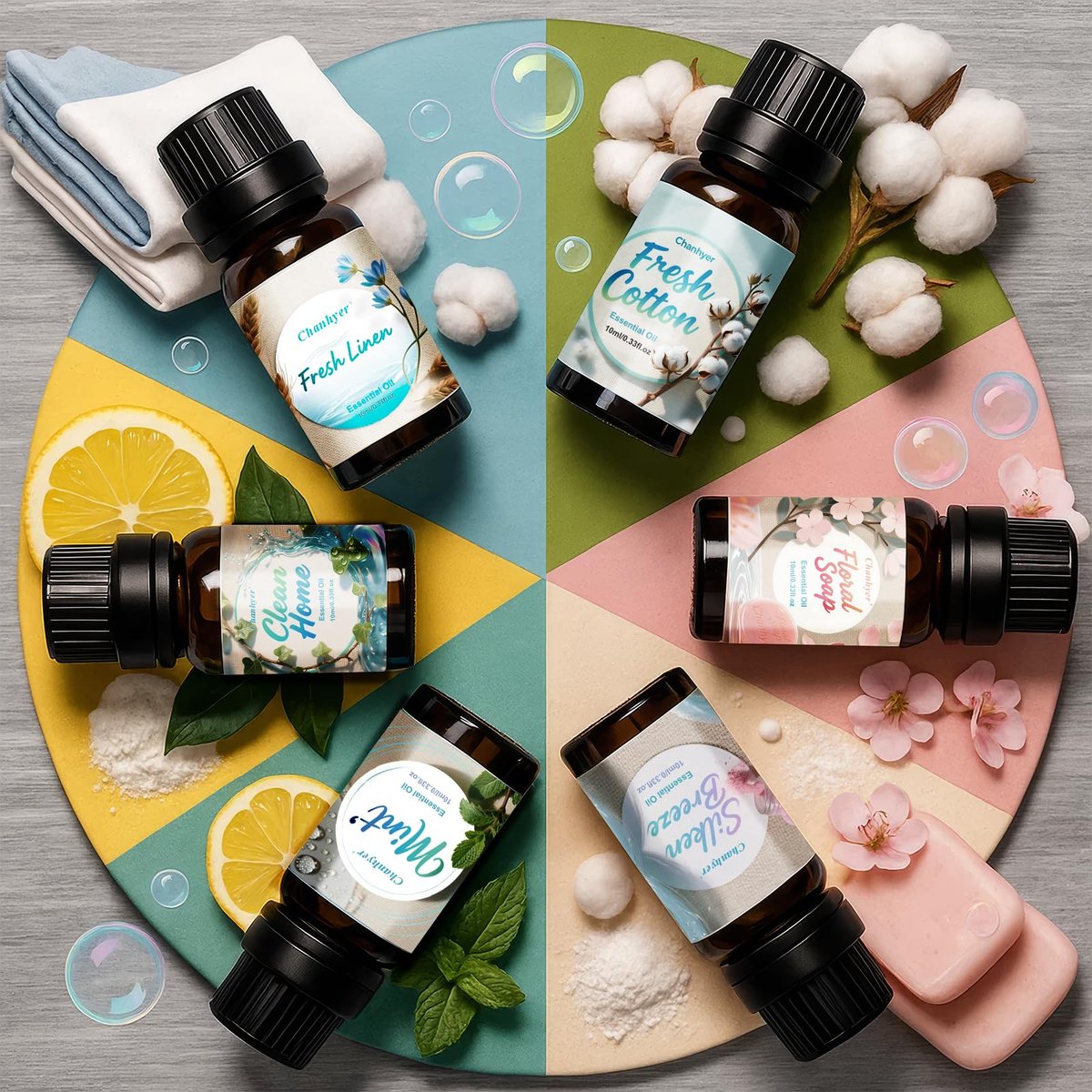 Chanhyer Reinigende ätherische Öle Set 6 x 10 ml – Frische Wäsche, Minze, Sauberes Zuhause, Seidige Brise, Frische Baumwolle, Blumenseife für Diffuser und Raumduft