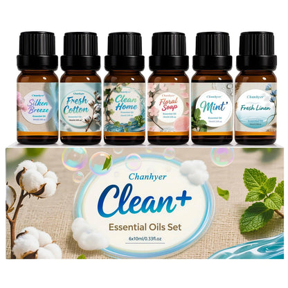 Chanhyer Reinigende ätherische Öle Set 6 x 10 ml – Frische Wäsche, Minze, Sauberes Zuhause, Seidige Brise, Frische Baumwolle, Blumenseife für Diffuser und Raumduft