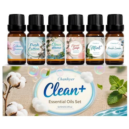 Chanhyer Reinigende ätherische Öle Set 6 x 10 ml – Frische Wäsche, Minze, Sauberes Zuhause, Seidige Brise, Frische Baumwolle, Blumenseife für Diffuser und Raumduft