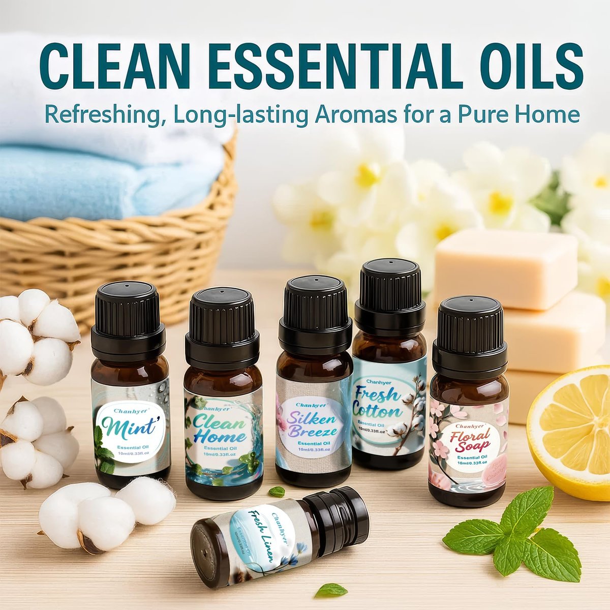 Chanhyer Reinigende ätherische Öle Set 6 x 10 ml – Frische Wäsche, Minze, Sauberes Zuhause, Seidige Brise, Frische Baumwolle, Blumenseife für Diffuser und Raumduft
