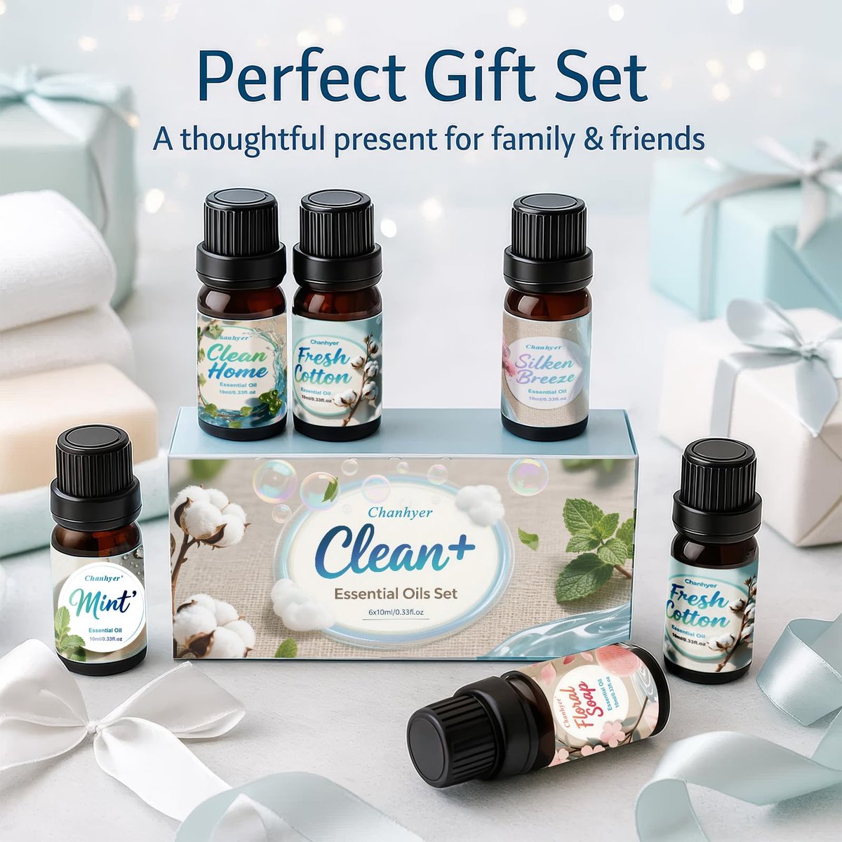 Chanhyer Reinigende ätherische Öle Set 6 x 10 ml – Frische Wäsche, Minze, Sauberes Zuhause, Seidige Brise, Frische Baumwolle, Blumenseife für Diffuser und Raumduft