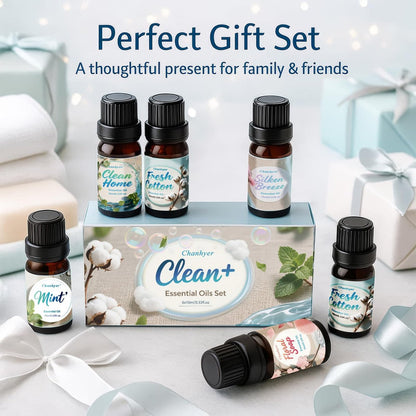 Chanhyer Reinigende ätherische Öle Set 6 x 10 ml – Frische Wäsche, Minze, Sauberes Zuhause, Seidige Brise, Frische Baumwolle, Blumenseife für Diffuser und Raumduft