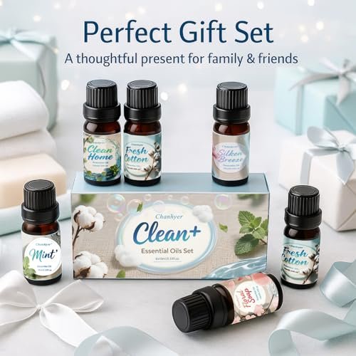 Chanhyer Reinigende ätherische Öle Set 6 x 10 ml – Frische Wäsche, Minze, Sauberes Zuhause, Seidige Brise, Frische Baumwolle, Blumenseife für Diffuser und Raumduft