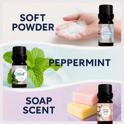 Chanhyer Reinigende ätherische Öle Set 6 x 10 ml – Frische Wäsche, Minze, Sauberes Zuhause, Seidige Brise, Frische Baumwolle, Blumenseife für Diffuser und Raumduft