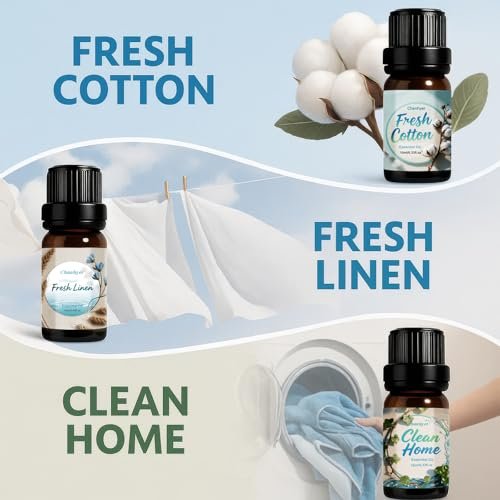 Chanhyer Reinigende ätherische Öle Set 6 x 10 ml – Frische Wäsche, Minze, Sauberes Zuhause, Seidige Brise, Frische Baumwolle, Blumenseife für Diffuser und Raumduft