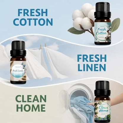 Chanhyer Reinigende ätherische Öle Set 6 x 10 ml – Frische Wäsche, Minze, Sauberes Zuhause, Seidige Brise, Frische Baumwolle, Blumenseife für Diffuser und Raumduft
