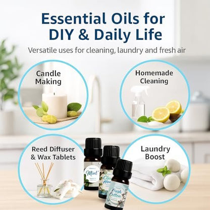 Chanhyer Reinigende ätherische Öle Set 6 x 10 ml – Frische Wäsche, Minze, Sauberes Zuhause, Seidige Brise, Frische Baumwolle, Blumenseife für Diffuser und Raumduft