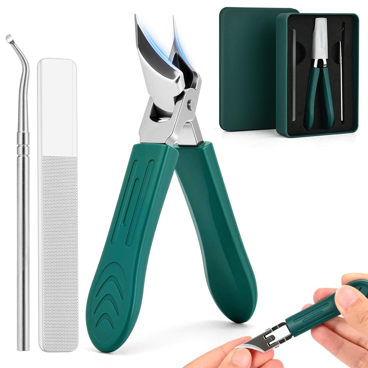 FFyeiiy Adlerschnabel Nagelknipser Set – Abgeschrägte Nagelzange mit langem Griff, Große Maulöffnung, Anti-Spritz Design, 3-teilig, für Männer und Frauen (Grün)