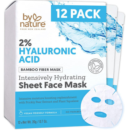 By Nature 2% Hyaluronsäure Sheet Mask für trockene, dehydrierte & empfindliche Haut – Feuchtigkeitsboost mit Feigenkaktus & Squalan – Hergestellt in Neuseeland – 12er-Pack
