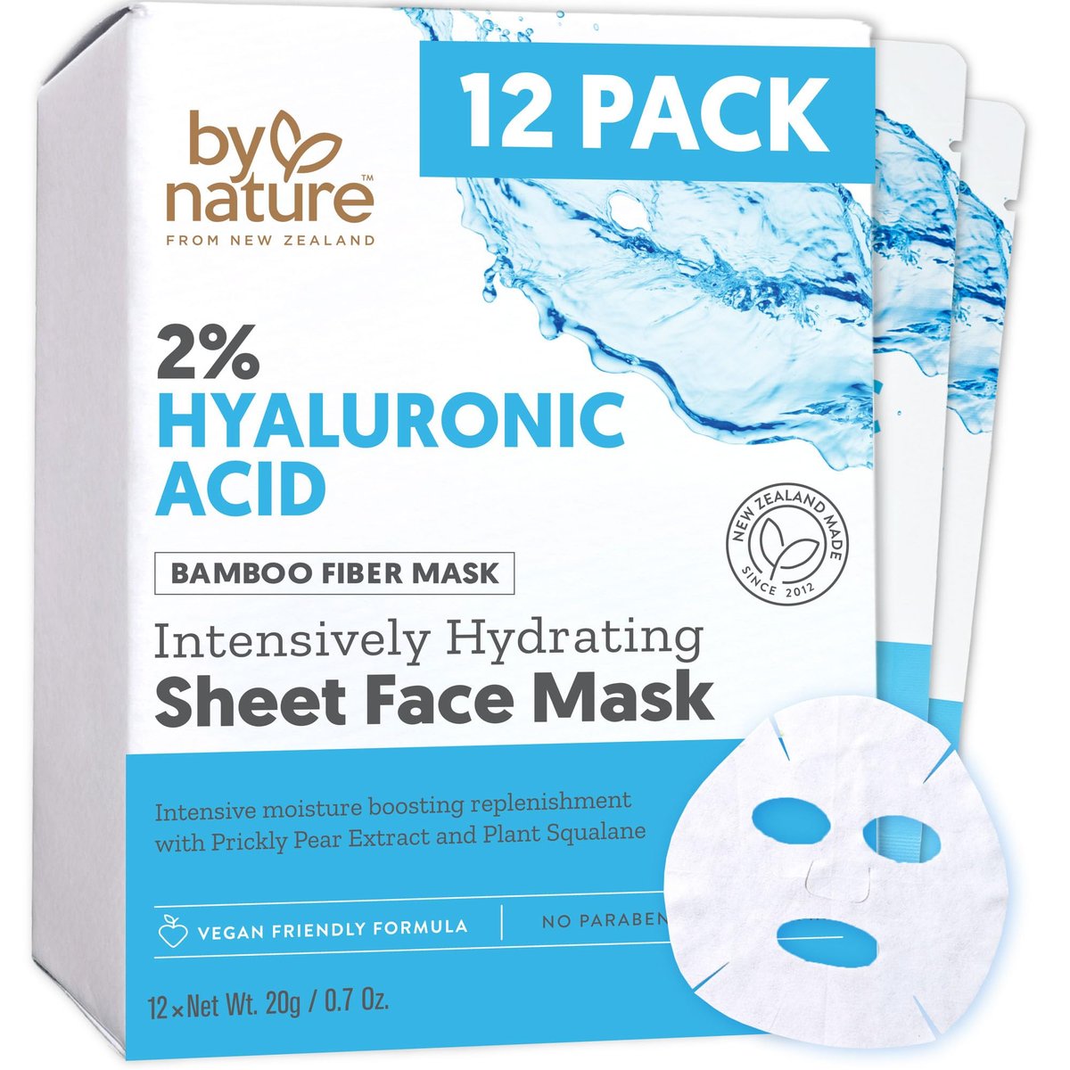 By Nature 2% Hyaluronsäure Sheet Mask für trockene, dehydrierte & empfindliche Haut – Feuchtigkeitsboost mit Feigenkaktus & Squalan – Hergestellt in Neuseeland – 12er-Pack