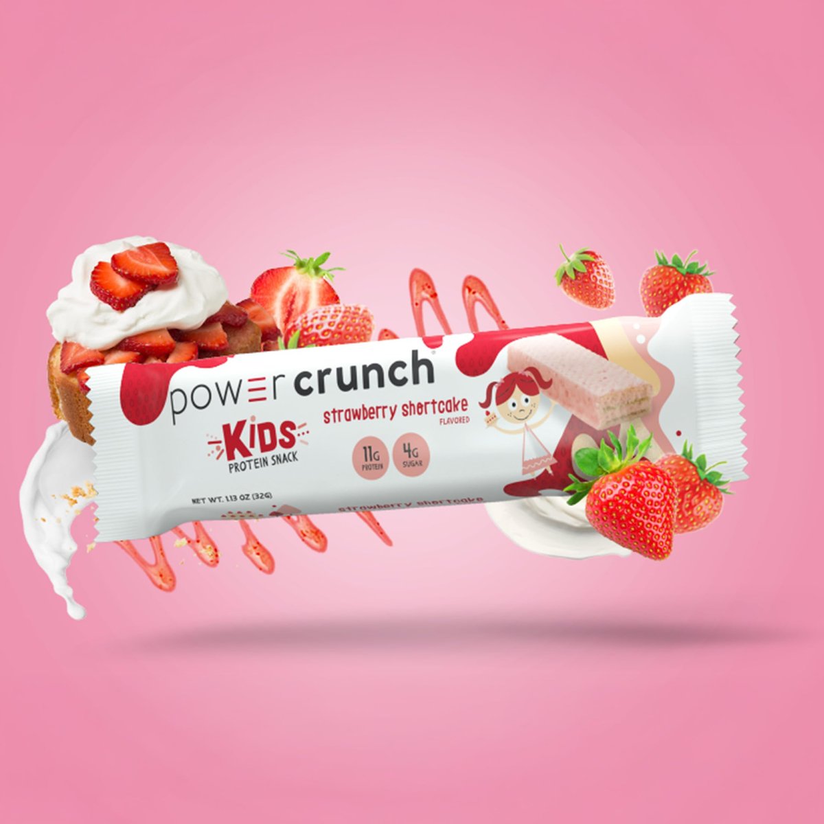 Power Crunch Kids Protein-Waffel-Riegel – Leckerer Snack mit hohem Proteingehalt, Erdbeer-Sahne-Torte, 32 g (12er-Pack)