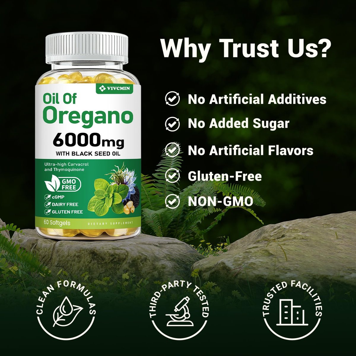 vivcmin Oregano-Öl Softgels mit Schwarzkümmelöl – 60 Kapseln für Immun- & Verdauungsunterstützung, mit Carvacrol & Thymochinon, Non-GMO, Glutenfrei