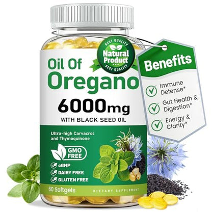 vivcmin Oregano-Öl Softgels mit Schwarzkümmelöl – 60 Kapseln für Immun- & Verdauungsunterstützung, mit Carvacrol & Thymochinon, Non-GMO, Glutenfrei