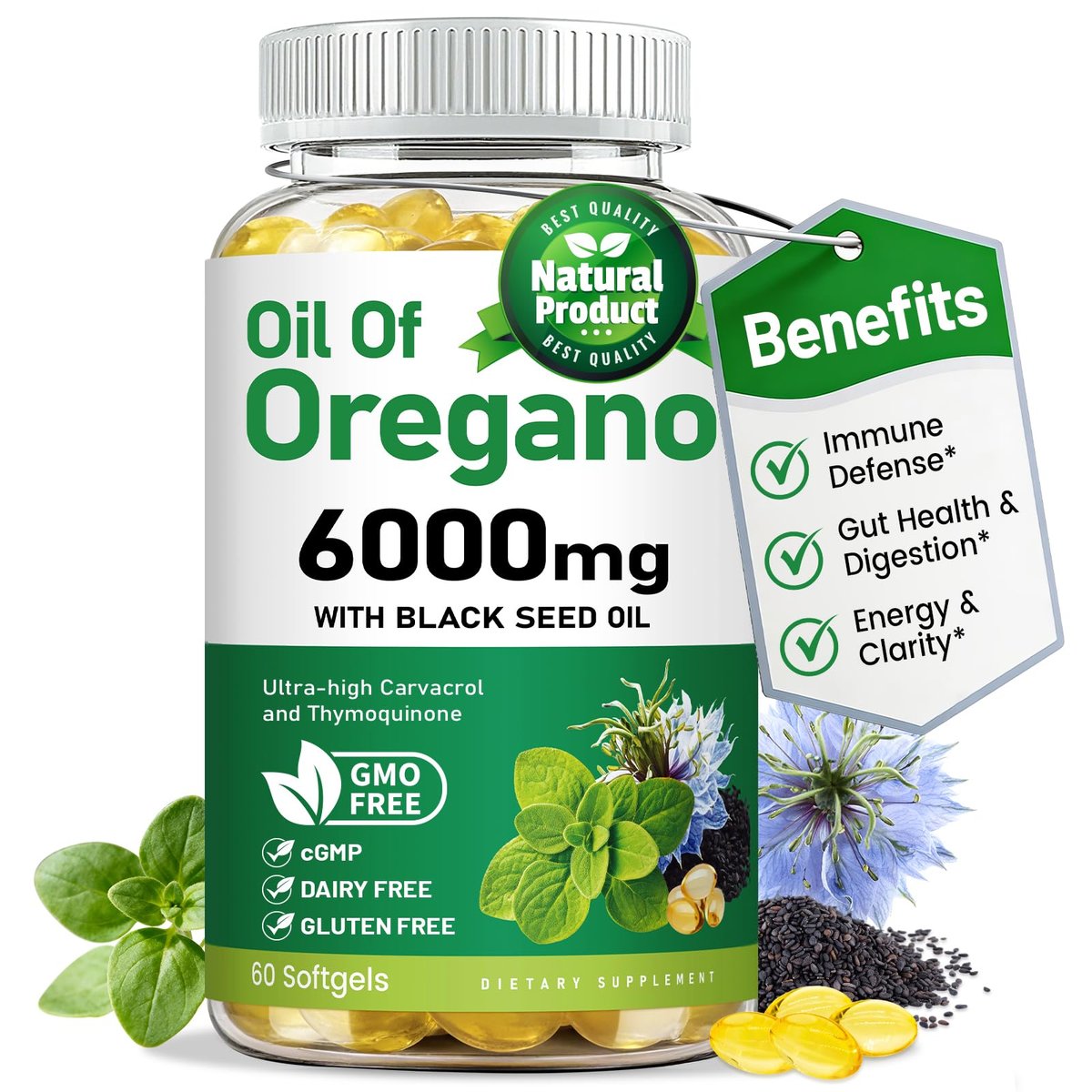 vivcmin Oregano-Öl Softgels mit Schwarzkümmelöl – 60 Kapseln für Immun- & Verdauungsunterstützung, mit Carvacrol & Thymochinon, Non-GMO, Glutenfrei