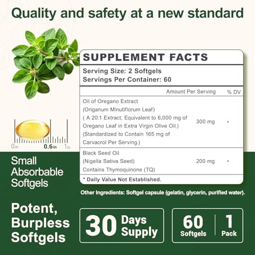 vivcmin Oreganoöl, 300 Softgels, 150 Tage Vorrat - 6000 mg Oreganoöl mit Schwarzkümmelöl für Immun- und Verdauungsunterstützung, hoher Carvacrol- und Thymochinongehalt, Nicht-GVO