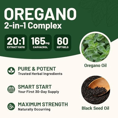 vivcmin Oregano-Öl Softgels mit Schwarzkümmelöl – 60 Kapseln für Immun- & Verdauungsunterstützung, mit Carvacrol & Thymochinon, Non-GMO, Glutenfrei