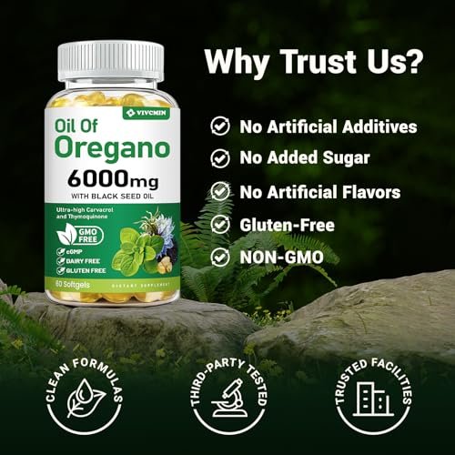 vivcmin Oregano-Öl Softgels mit Schwarzkümmelöl – 60 Kapseln für Immun- & Verdauungsunterstützung, mit Carvacrol & Thymochinon, Non-GMO, Glutenfrei