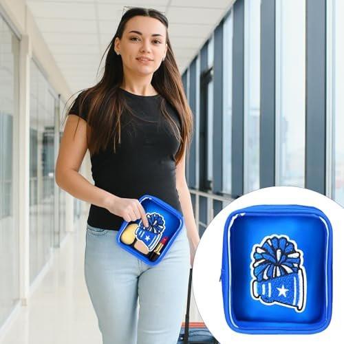 Sunnymove 12er-Set Valentine's Day Cheerleader Make-up Taschen 15x12 cm Blau – Pompon Chenille Aufnäher, wasserdichte Reisetaschen für Cheerleader, Trainer, Teamgeschenke