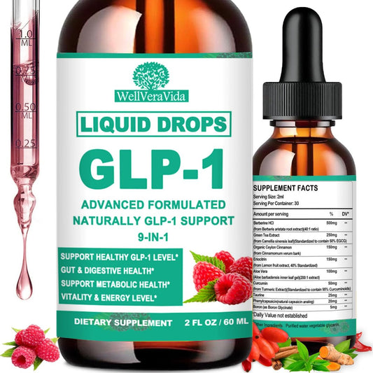 GLP-1 Nahrungsergänzung Tropfen | 9-in-1 Premium GLP1 Boost mit Berberin, Ceylon-Zimt, Grüntee-Extrakt Eriocitrin, Natürliche GLP-1 Unterstützung für Stoffwechsel und Verdauung | Himbeere, Zuckerfrei