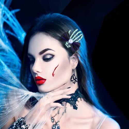 Suncalla 2er-Pack Leuchtende Skelett-Hand-Haarclips – Halloween-Knochen-Haarspangen mit schwarzer Schleife für Frauen, Punk-Rock-Horror-Kostümzubehör