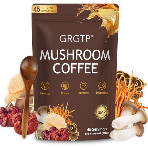 GRGTP Pilz-Kaffee - Superfood-Mischung mit 6 Adaptogenen (Cordyceps, Löwenmähne, Reishi u.a.) | Sanfte Energie ohne Zittern, verbesserte Konzentration, Verdauungs- & Immununterstützung | 45 Portionen, vegan, glutenfrei, nicht-GVO | Sanfter Geschmack