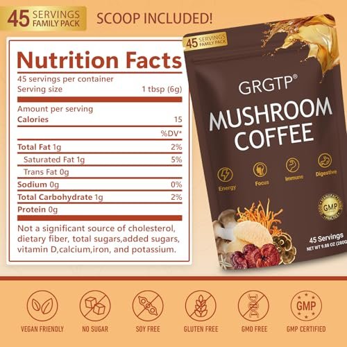 GRGTP Pilz-Kaffee - Superfood-Mischung mit 6 Adaptogenen (Cordyceps, Löwenmähne, Reishi u.a.) | Sanfte Energie ohne Zittern, verbesserte Konzentration, Verdauungs- & Immununterstützung | 45 Portionen, vegan, glutenfrei, nicht-GVO | Sanfter Geschmack