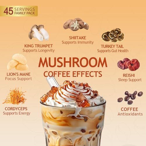 GRGTP Pilz-Kaffee - Superfood-Mischung mit 6 Adaptogenen (Cordyceps, Löwenmähne, Reishi u.a.) | Sanfte Energie ohne Zittern, verbesserte Konzentration, Verdauungs- & Immununterstützung | 45 Portionen, vegan, glutenfrei, nicht-GVO | Sanfter Geschmack