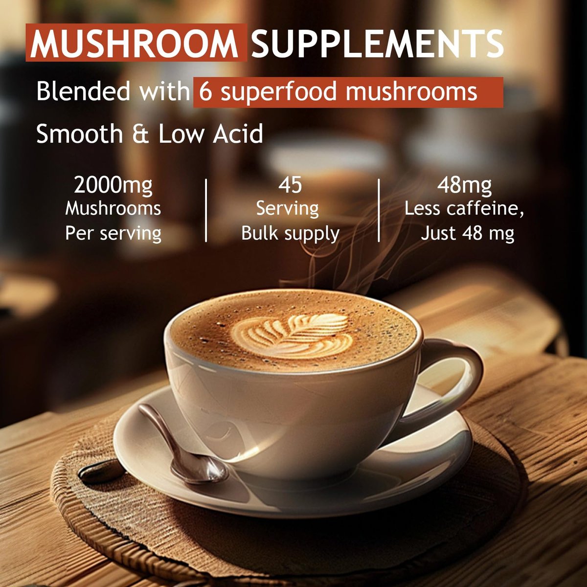 GRGTP Pilz-Kaffee - Superfood-Mischung mit 6 Adaptogenen (Cordyceps, Löwenmähne, Reishi u.a.) | Sanfte Energie ohne Zittern, verbesserte Konzentration, Verdauungs- & Immununterstützung | 45 Portionen, vegan, glutenfrei, nicht-GVO | Sanfter Geschmack
