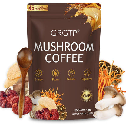 GRGTP Pilz-Kaffee - Superfood-Mischung mit 6 Adaptogenen (Cordyceps, Löwenmähne, Reishi u.a.) | Sanfte Energie ohne Zittern, verbesserte Konzentration, Verdauungs- & Immununterstützung | 45 Portionen, vegan, glutenfrei, nicht-GVO | Sanfter Geschmack