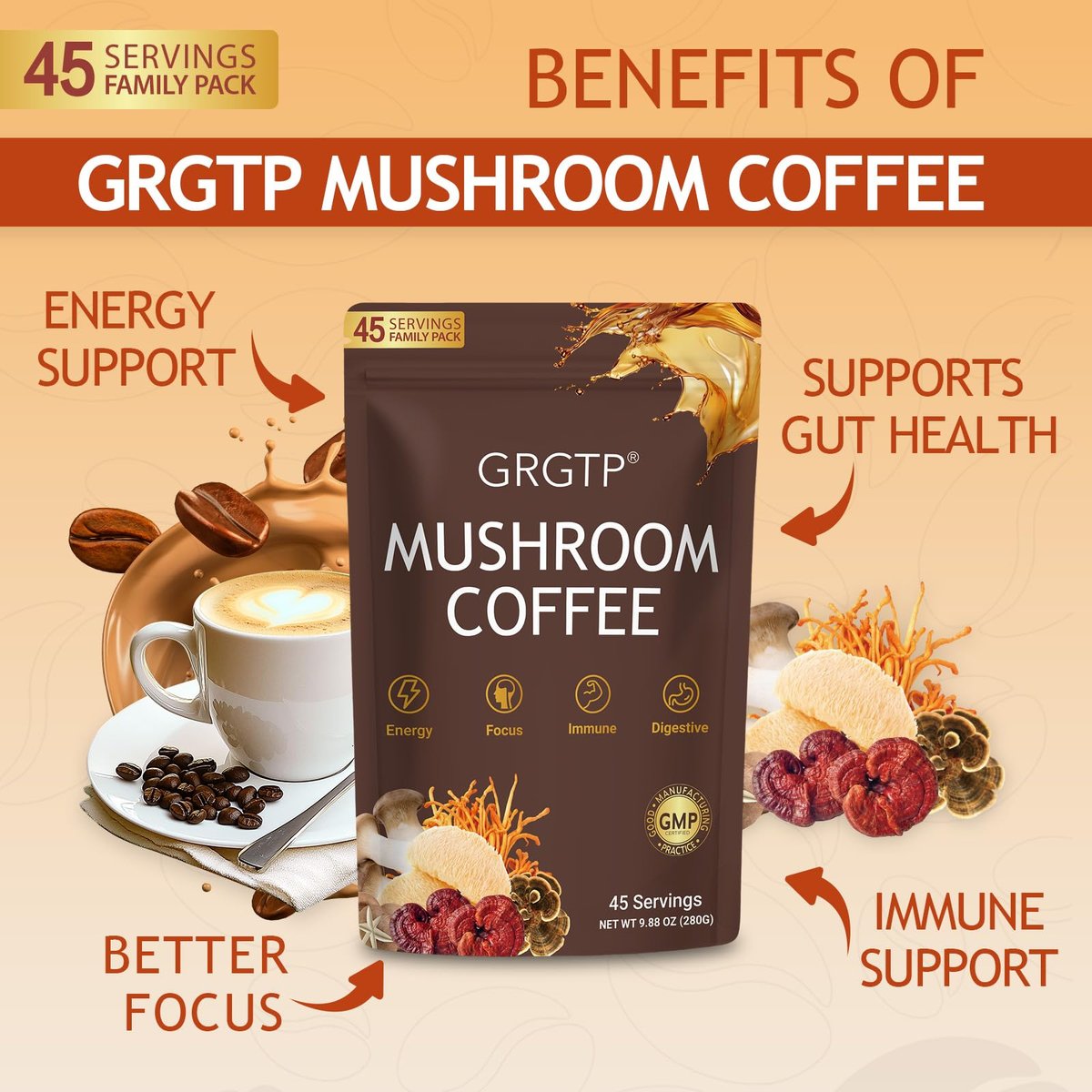 GRGTP Pilz-Kaffee - Superfood-Mischung mit 6 Adaptogenen (Cordyceps, Löwenmähne, Reishi u.a.) | Sanfte Energie ohne Zittern, verbesserte Konzentration, Verdauungs- & Immununterstützung | 45 Portionen, vegan, glutenfrei, nicht-GVO | Sanfter Geschmack