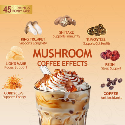 GRGTP Pilz-Kaffee - Superfood-Mischung mit 6 Adaptogenen (Cordyceps, Löwenmähne, Reishi u.a.) | Sanfte Energie ohne Zittern, verbesserte Konzentration, Verdauungs- & Immununterstützung | 45 Portionen, vegan, glutenfrei, nicht-GVO | Sanfter Geschmack