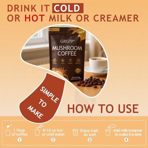GRGTP Pilz-Kaffee - Superfood-Mischung mit 6 Adaptogenen (Cordyceps, Löwenmähne, Reishi u.a.) | Sanfte Energie ohne Zittern, verbesserte Konzentration, Verdauungs- & Immununterstützung | 45 Portionen, vegan, glutenfrei, nicht-GVO | Sanfter Geschmack