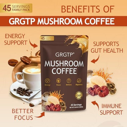 GRGTP Pilz-Kaffee - Superfood-Mischung mit 6 Adaptogenen (Cordyceps, Löwenmähne, Reishi u.a.) | Sanfte Energie ohne Zittern, verbesserte Konzentration, Verdauungs- & Immununterstützung | 45 Portionen, vegan, glutenfrei, nicht-GVO | Sanfter Geschmack
