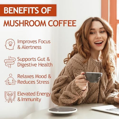 GRGTP Pilz-Kaffee - Superfood-Mischung mit 6 Adaptogenen (Cordyceps, Löwenmähne, Reishi u.a.) | Sanfte Energie ohne Zittern, verbesserte Konzentration, Verdauungs- & Immununterstützung | 45 Portionen, vegan, glutenfrei, nicht-GVO | Sanfter Geschmack