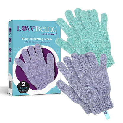 Love Being Scrubbed Körperpeeling-Handschuhe (2 Paar, 4 Stück, farblich gemischt) – Dehnbare Peeling-Handschuhe für Bad & Dusche, Körperpeeling für Frauen & Männer für weichere, glattere Haut