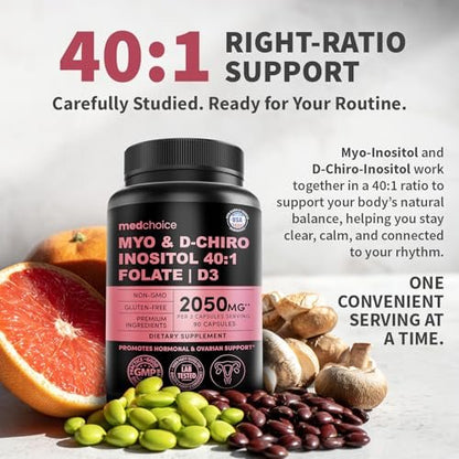 Myo-Inositol 40:1 für Frauen – Inositol-Komplex mit Myo & D-Chiro Inositol, Folat & Vitamin D3 – Vegane Kapseln für den täglichen Bedarf & Hormonunterstützung – Flo Ovarian Support – 90 Kapseln