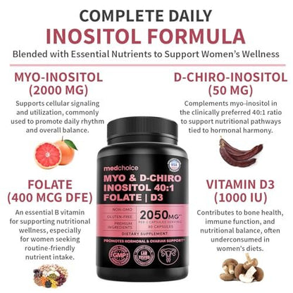 Myo-Inositol 40:1 für Frauen – Inositol-Komplex mit Myo & D-Chiro Inositol, Folat & Vitamin D3 – Vegane Kapseln für den täglichen Bedarf & Hormonunterstützung – Flo Ovarian Support – 90 Kapseln