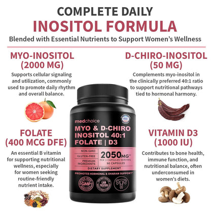 Myo-Inositol 40:1 für Frauen – Inositol-Komplex mit Myo & D-Chiro Inositol, Folat & Vitamin D3 – Vegane Kapseln für den täglichen Bedarf & Hormonunterstützung – Flo Ovarian Support – 90 Kapseln