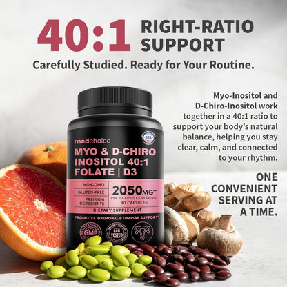 Myo-Inositol 40:1 für Frauen – Inositol-Komplex mit Myo & D-Chiro Inositol, Folat & Vitamin D3 – Vegane Kapseln für den täglichen Bedarf & Hormonunterstützung – Flo Ovarian Support – 90 Kapseln