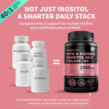 Myo-Inositol 40:1 für Frauen – Inositol-Komplex mit Myo & D-Chiro Inositol, Folat & Vitamin D3 – Vegane Kapseln für den täglichen Bedarf & Hormonunterstützung – Flo Ovarian Support – 90 Kapseln