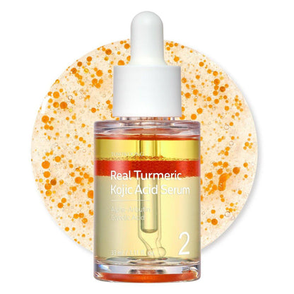 TOSOWOONG Real Turmeric Kojic Acid Serum - Aufhellendes Serum mit 7.000 ppm Kojisäure, 1.500 ppm Kurkuma, Alpha-Arbutin, Astaxanthin, Glykolsäure gegen dunkle Flecken, Sommersprossen, Koreanische Hautpflege, 33 ml
