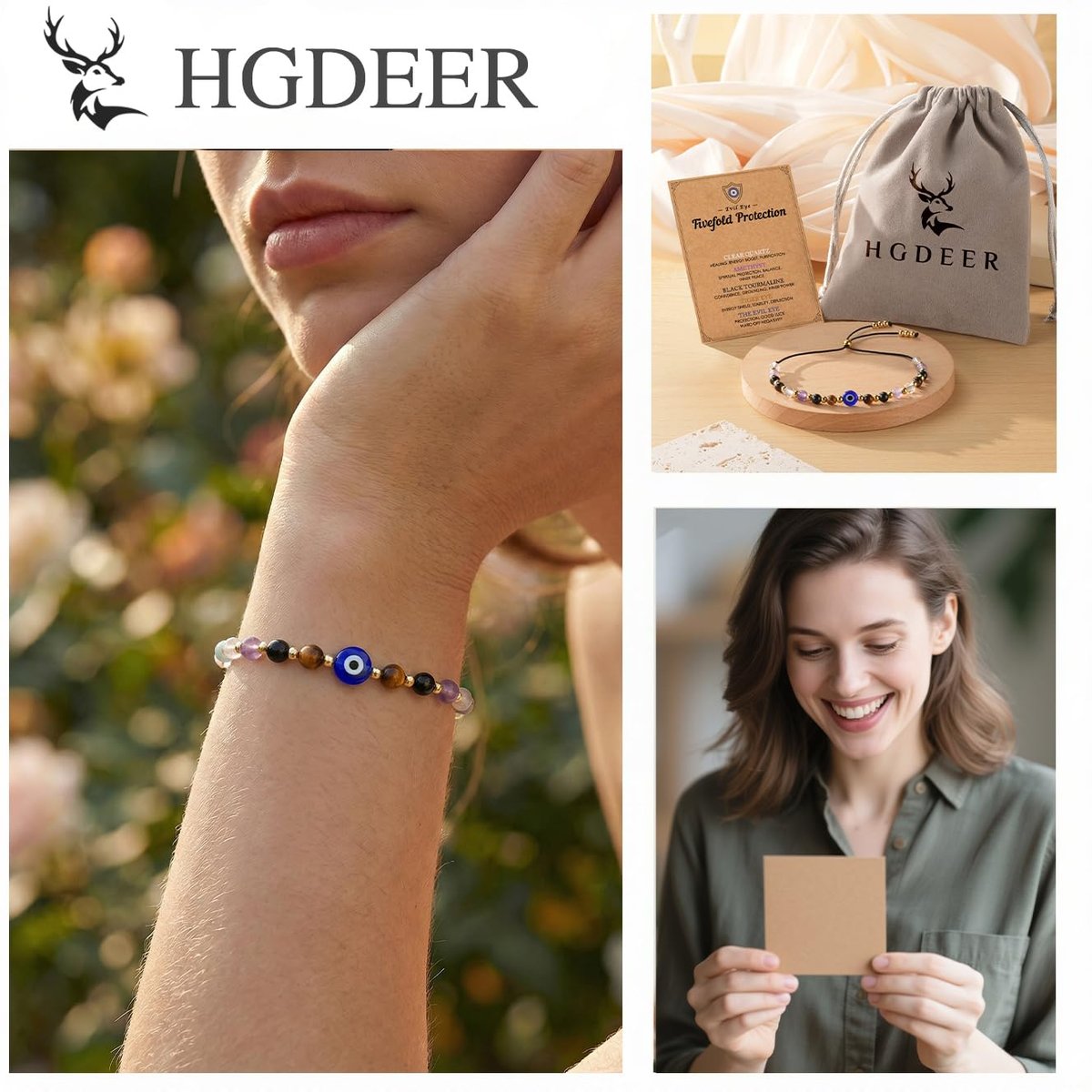 HGDEER Evil Eye Armband – Schwarzer Turmalin & Tigerauge Schutzarmband, Kristall-Armband für Frauen, Heilende Spirituelle Schmuck, Erdung & Positive Energie, Geschenkidee (Lila)