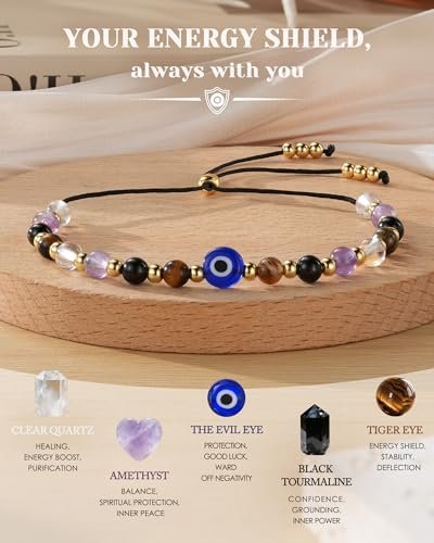 HGDEER Evil Eye Armband – Schwarzer Turmalin & Tigerauge Schutzarmband, Kristall-Armband für Frauen, Heilende Spirituelle Schmuck, Erdung & Positive Energie, Geschenkidee (Lila)